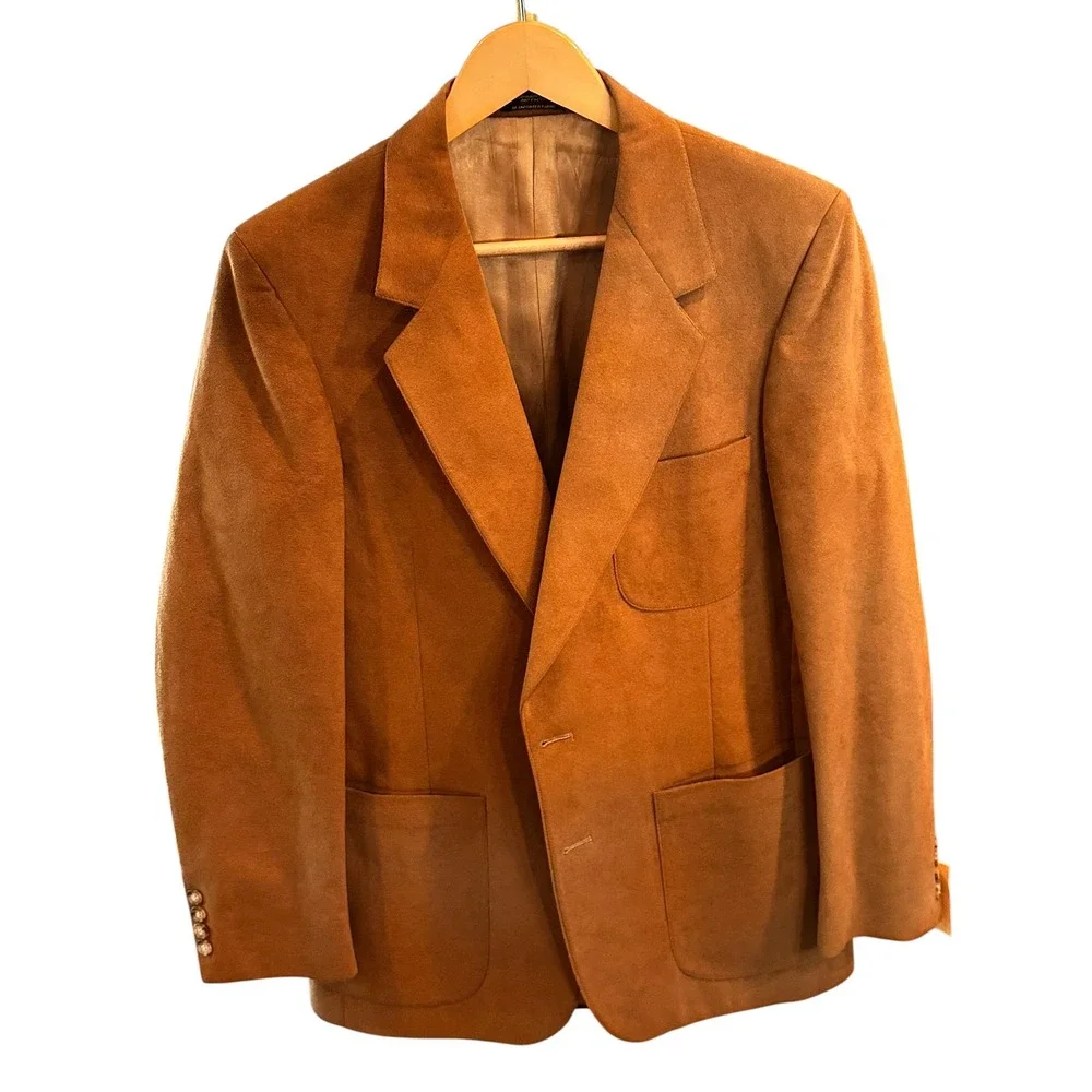 Vintage Mens Cognac Faux Suede Blazer Two Button Sport Coat Brown Size 39RG NWT